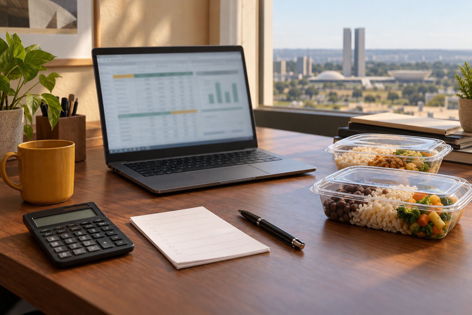 Ilustração realista de mesa de escritório com controle de entregas, calculadora e refeições individuais embaladas