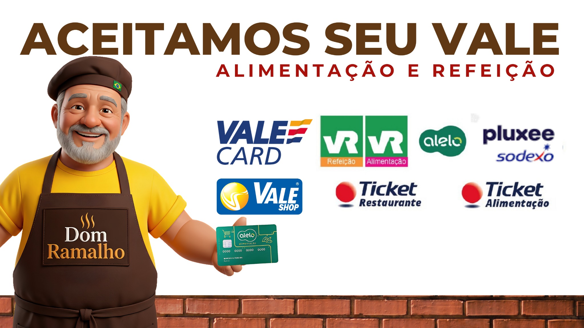 Mascote do Dom Ramalho apresentando cartões refeição e alimentação aceitos no restaurante