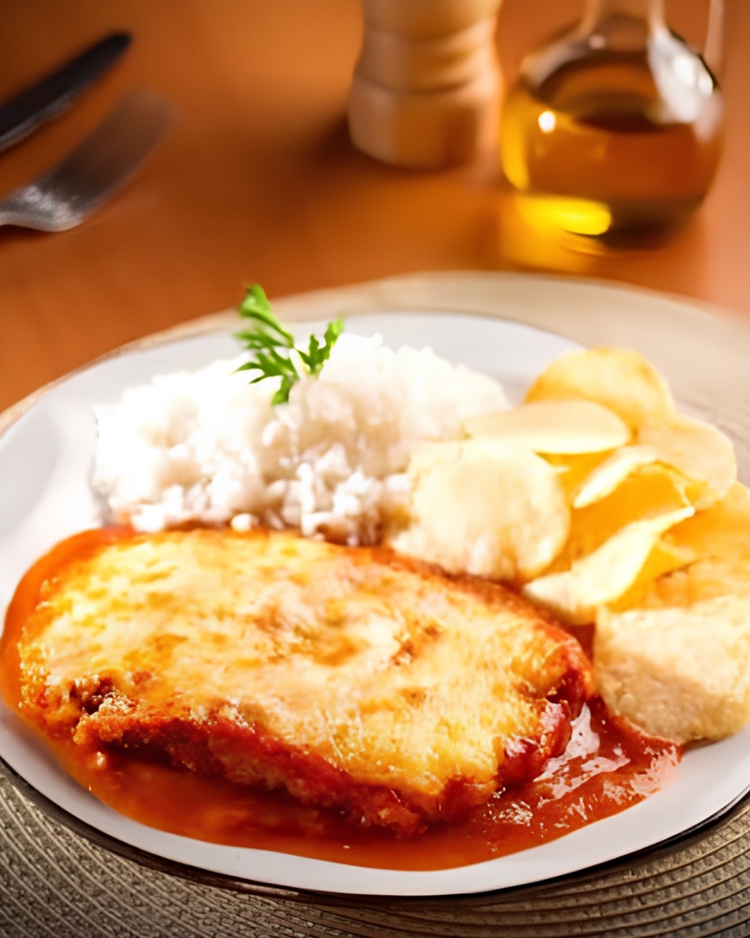 Parmegiana de frango do Dom Ramalho servida com arroz branco, purê de batata e batata chips