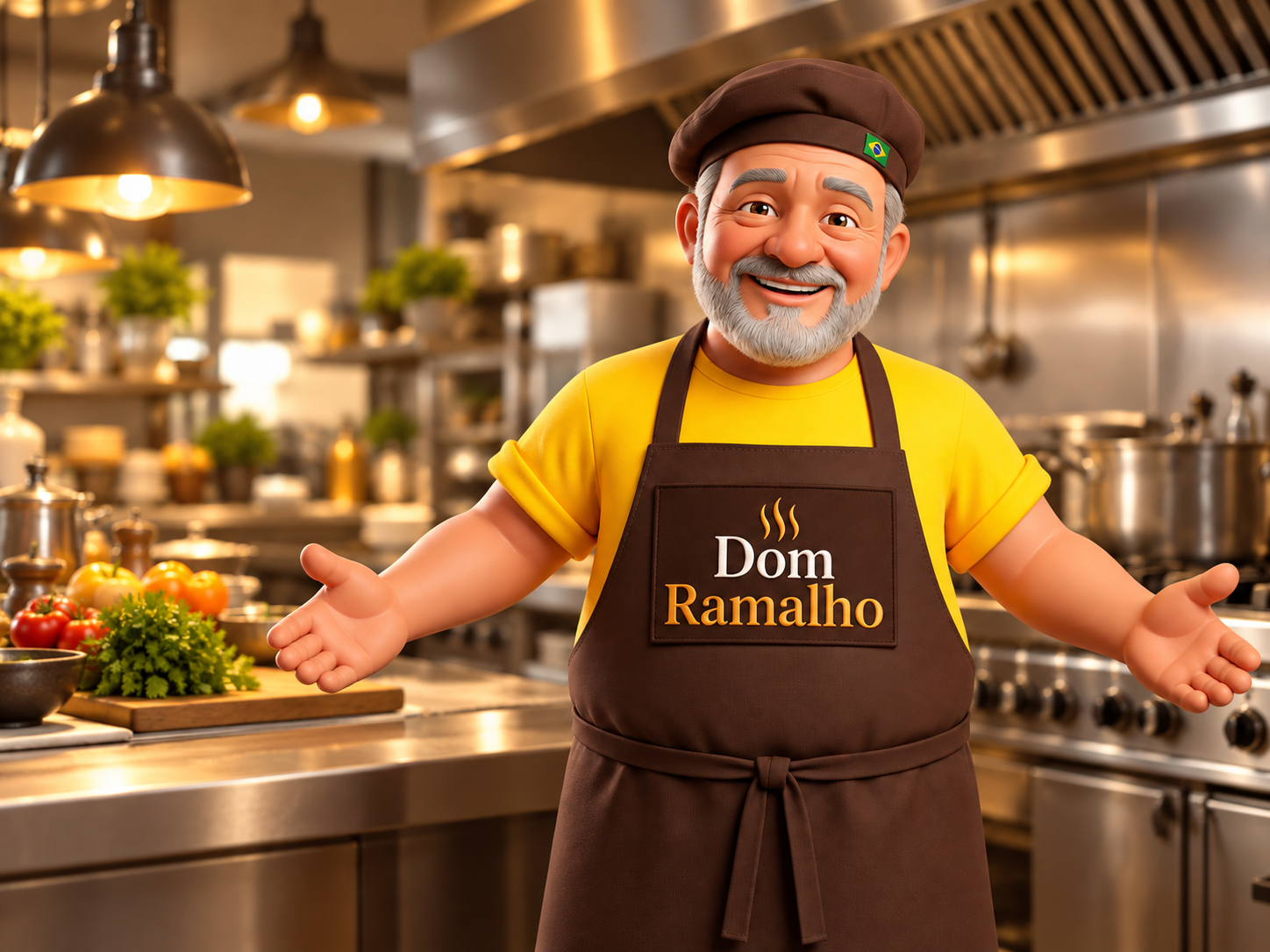 Mascote do Dom Ramalho em cenário de cozinha industrial